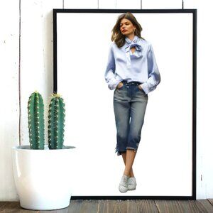 Valentino S.p.A Soft Powder Blue Chambray  Long Sleeve Bow Blouse, Size 4